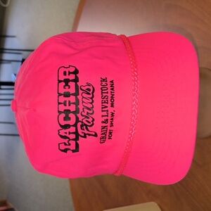 Vtg Lacher Farms Grain& Livestock Fort Shaw, Montana Strap-on Cap Hat w Rope